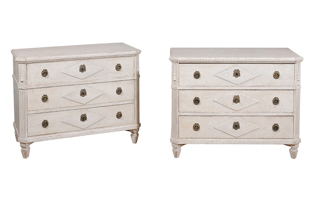 Pair of Swedish Gustavian Style 1880s Three-Drawer Chests with Carved Tassels