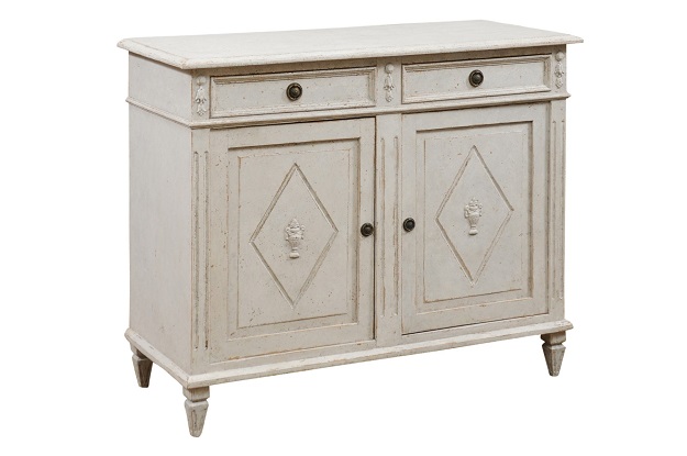 SOLD- Swedish 1880s Gustavian Style Painted Sideboard with Carved Urns in Diamonds