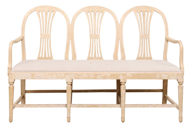 SOLD Swedish 1910s Gustavian Style Painted Three-Seat Sofa Bench with Upholstery