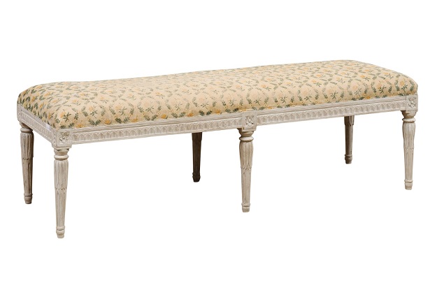 Swedish 1840s Neoclassical Style Painted Bench with Carved Motifs and Upholstery
