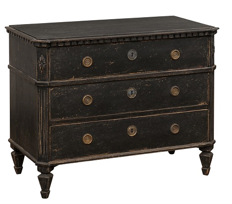 ON HOLD - Swedish Gustavian 1830s Black Painted and Carved Three-Drawer Chest