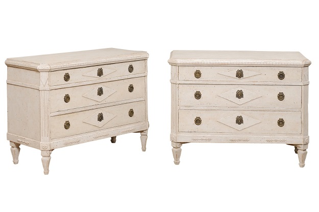 ON HOLD - Pair of Swedish 1890s Painted Wood Gustavian Style Three-Drawer Chests