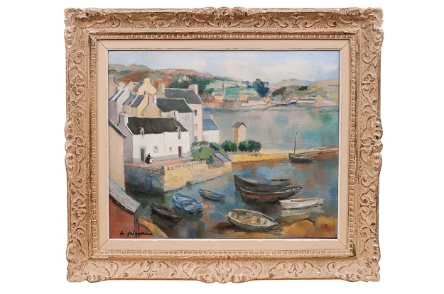 ON HOLD - French 20th Century Framed Canvas "Le petit port à Poul "David" by Hortense Pironin Dated 1958