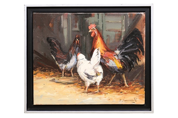 French Late 20th Century Framed and Signed Oil on Canvas Barnyard Scene Painting