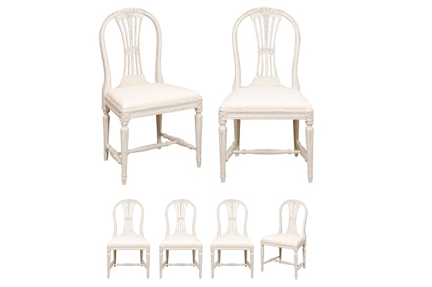 SOLD - Set of Six Swedish 1900s Painted Wood Side Chairs with Foliage-Carved Backs