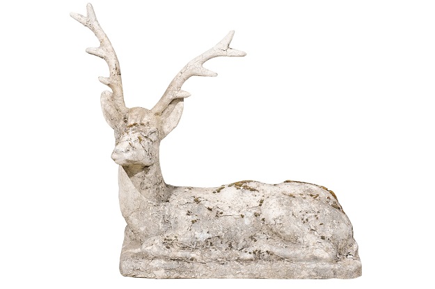 English 1920s Reconstituted Stone Reclining Stag Sculpture with Aged Patina