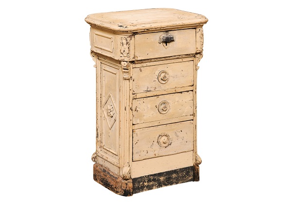 French 19th Century Painted Fir Seeds Counter with Drawers and Distressed Patina