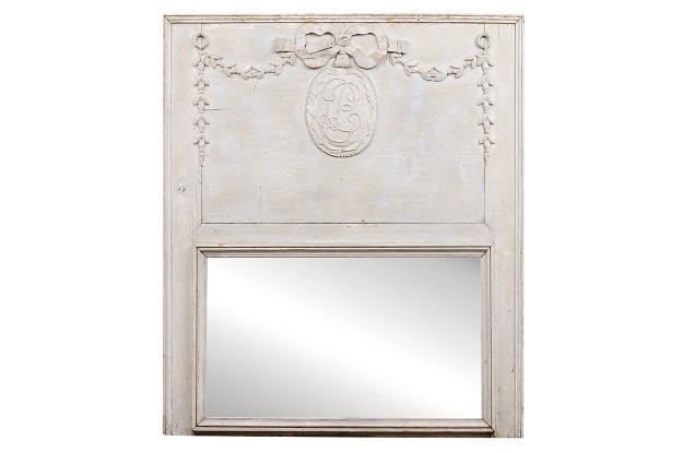 SOLD French Louis XVI Period 1790s Painted Trumeau Mirror with Ribbon-Tied Monogram