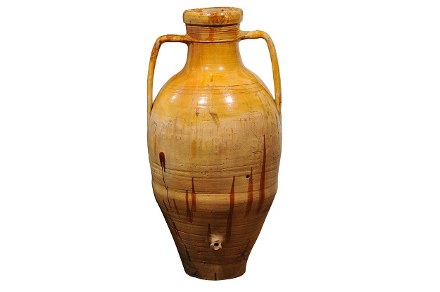 Italian 18th Century Yellow Glazed Olive Oil Jar with Large Double Handles