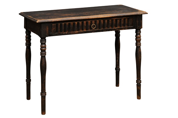 Swedish 1860s Painted Wood Desk with Dark Patina and Reeded Drawer