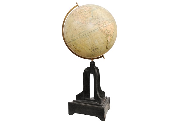 ON HOLD - Large Swedish 1910s Freestanding Terrestrial Globe on Black Carved Base