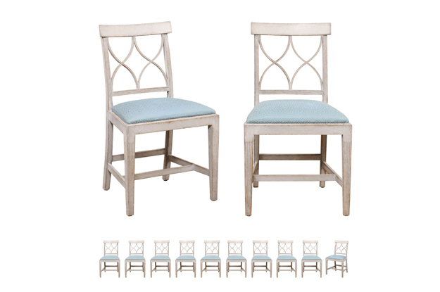 Set of 12 remaining Swedish 1900s Painted Dining Room Chairs with Sinuous Pierced Motifs