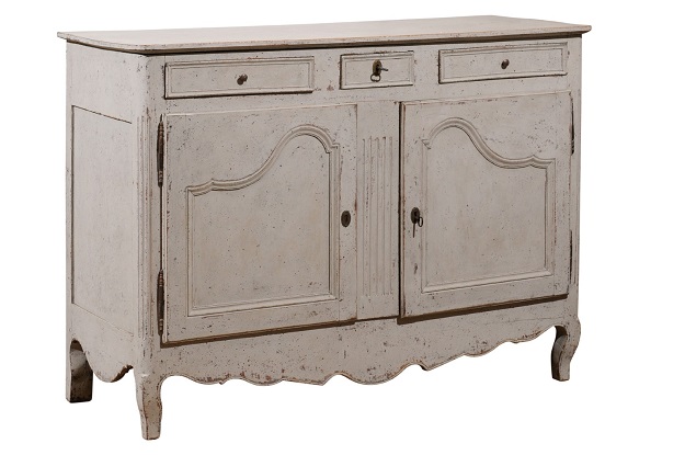 French 19th Century Painted Buffet with Drawers, Doors and Distressed Finish DLW