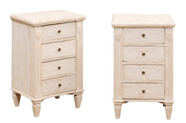 Pair of Swedish Gustavian Style 1900s Painted Bedside Tables with Four Drawers