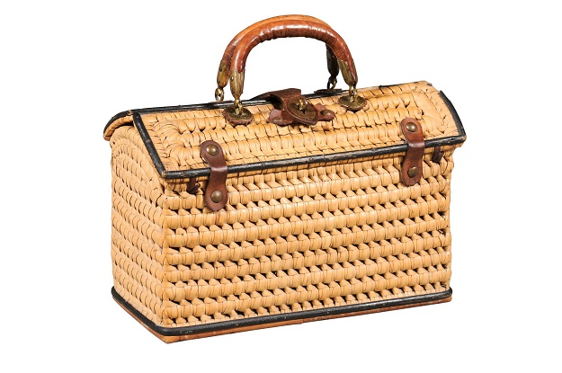 Swedish, 1890s Rustic Rectangular Lidded Wicker and Leather Basket with Handles