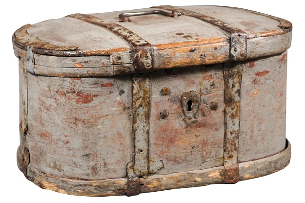 SOLD - Swedish 1790s Oval Box with Metal Accents and Original Painted Finish