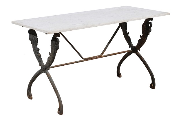 French 20th Century Sofa Table with White Marble Top and X Form Swan Base