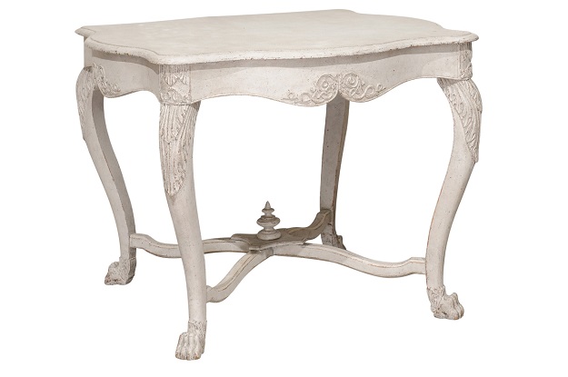 Swedish 1850s Painted Center Table with Carved Volutes and Cross Stretcher