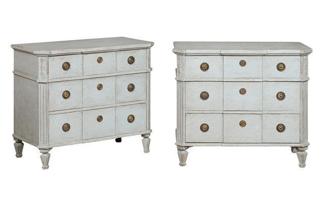 SOLD - Pair of 19th Century Swedish Painted Wood Breakfront Chests with Three Drawers