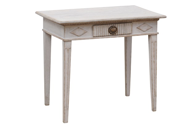 SOLD - Swedish Gustavian 1830s Painted Side Table with Single Drawer and Diamond Motifs