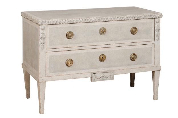 ON HOLD - Swedish Gustavian Style 1860s Painted Two-Drawer Chest with Guilloche Frieze
