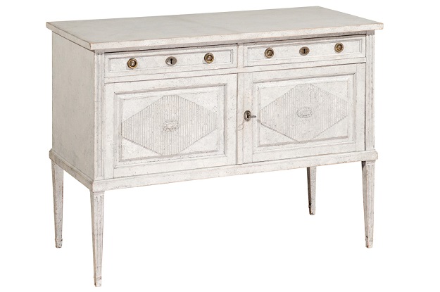 SOLD - Swedish 19th Century Gustavian Style Painted Sideboard with Reeded Diamonds