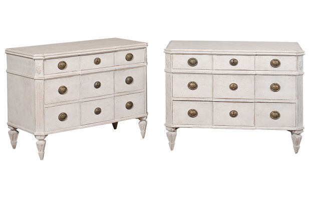 ON HOLD:  Pair of Swedish Gustavian Style Painted Breakfront Chests with Fluted Posts