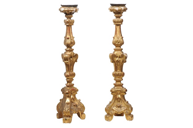 Pair of French 19th Century Gilt Candlesticks with Carved Foliage and Volutes