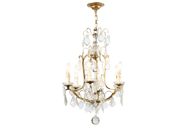 French 1890s Six-Light Crystal Chandelier with Gilt Metal Armature and Obelisk
