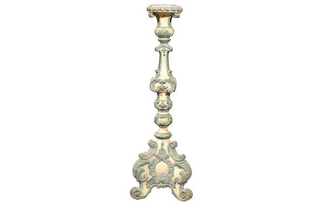 18th Century Italian Rococo Single Carved Candlestick, Painted with Blue Accents