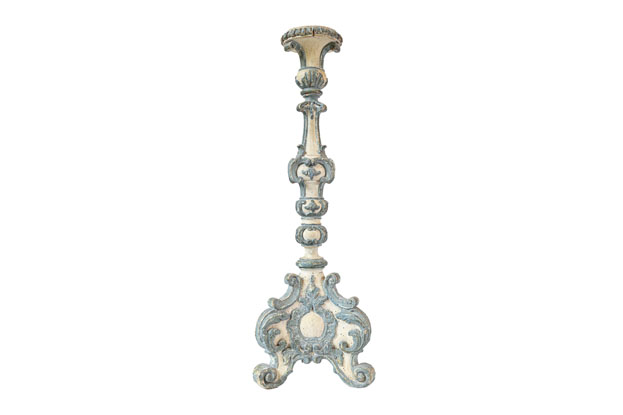 18th Century Italian Rococo Single Carved Candlestick, Painted with Blue Accents