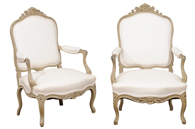 Pair of Napoléon III 1850s Painted and Upholstered Armchairs with Carved Flowers