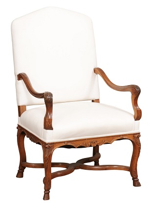 French Régence Style 1890s Upholstered Walnut Armchair with Stretcher
