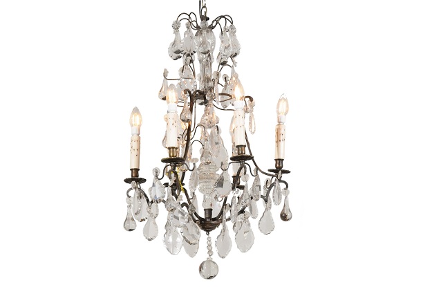 French 19th Century Six-Light Brass Chandelier with Pendeloques and Teardrops