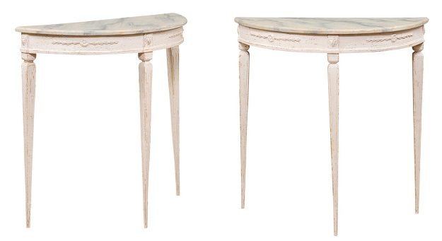 Pair of Swedish 1920s Gustavian Style Painted Demilune Tables with Carved Aprons