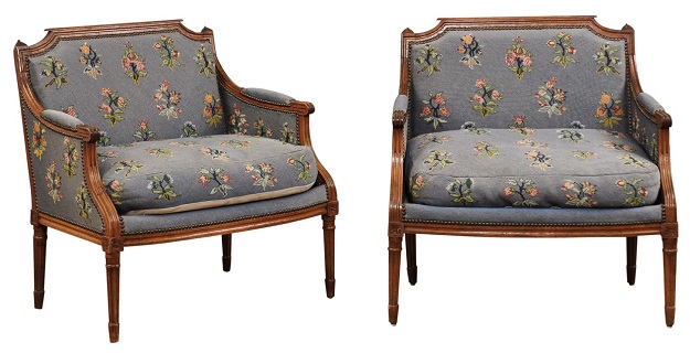 Pair of French Louis XVI Period 1790s Bergère Marquise Chairs with Upholstery