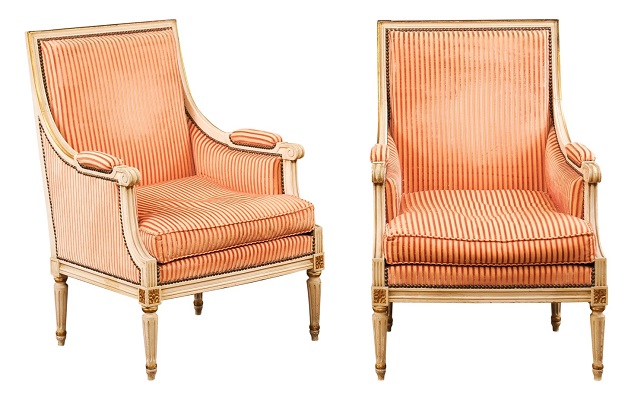 SOLD - Pair of French Louis XVI Style 1900s Bergères à la Reine Chairs with Upholstery