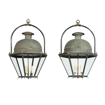 Pair of French 20th Century Copper Hexagonal Lanterns with Domed Tops