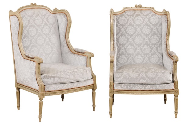 French Louis XVI Style Bergères à Oreilles with Carved Motifs and Upholstery 