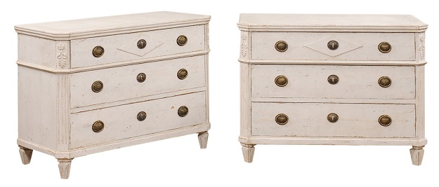 SOLD - Pair of Swedish Gustavian Style 19th Century Painted Three-Drawer Chests