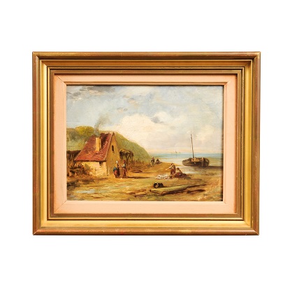 French 19th Century Framed Oil On Panel Painting Depicting a Village by the Sea