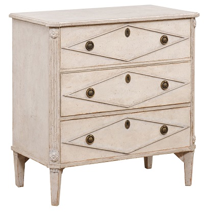Swedish Gustavian Style 1900s Painted Three-Drawer Chest with Diamond Motifs -- LiL