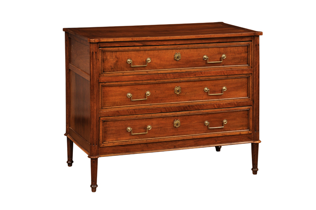 French Louis XVI Period 1790s Walnut Three Drawer Commode with Fluted Side Posts DLW