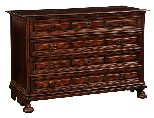 Italian 19th Century Walnut Commode with Four Drawers, Carved Panels and Banding