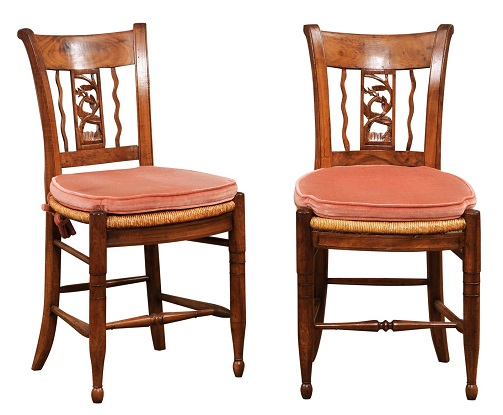 SOLD - Pair of French Directoire Period Walnut Side Chairs with Carved Stags
