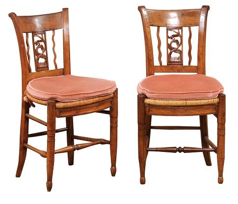 SOLD:  Pair of French Directoire Period Walnut Side Chairs with Carved Stags