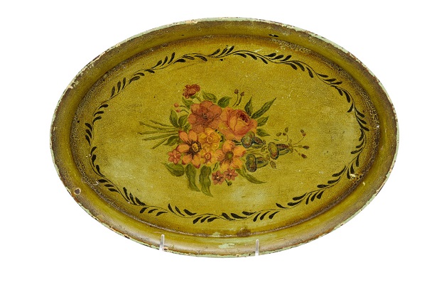 SOLD:  French Oval 19th Century Olive Green Tole Tray with Hand-Painted Bouquet