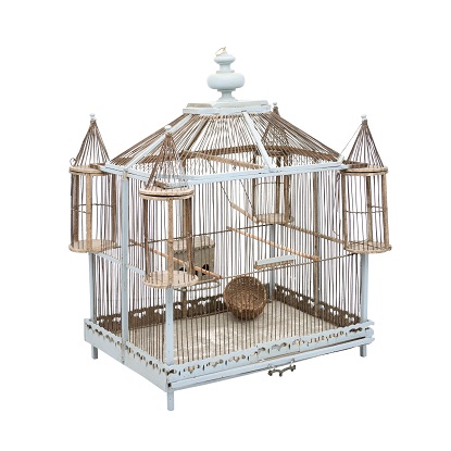 French 19th Century Soft Blue Painted Wood Castle Bird Cage with Four Turrets