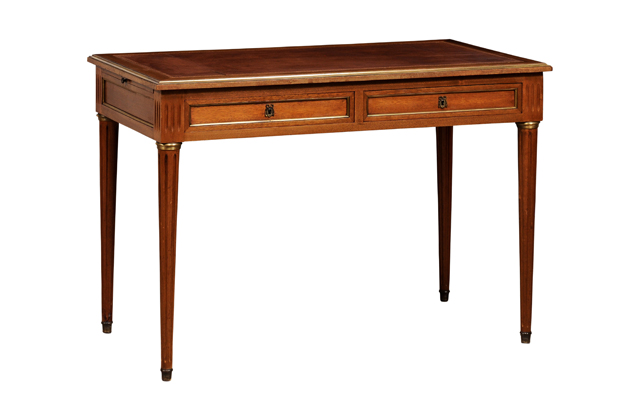 Louis XVI Style French Walnut Desk with Leather Top and Carved Fluted Legs