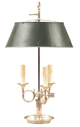 French, 1900s, Silvered Bronze Bouillotte Table Lamp with Horns and Green Shade